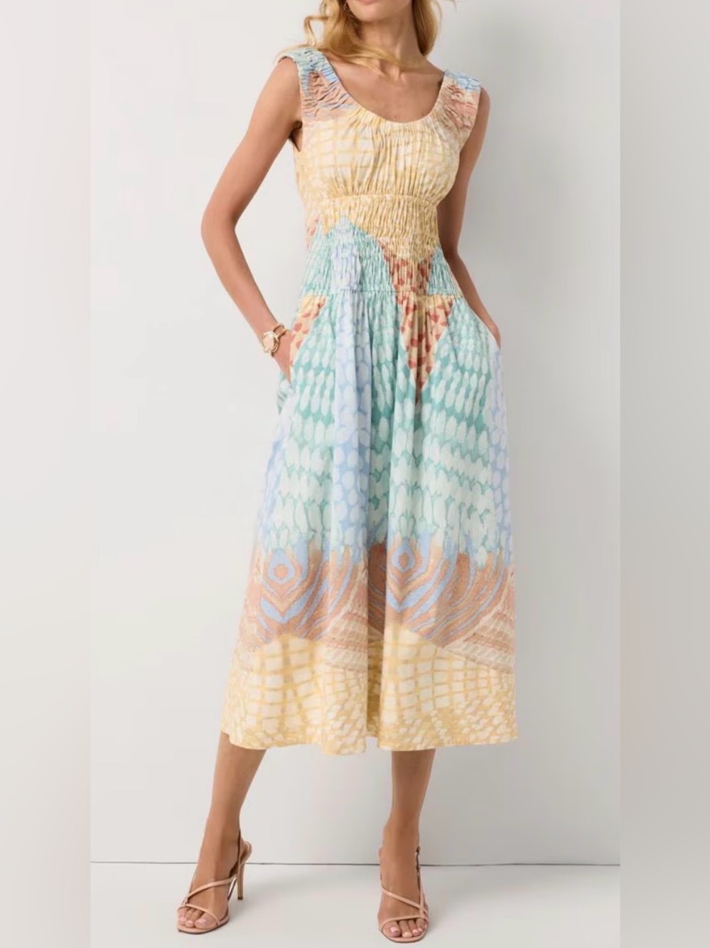 New With Tags White House Black Market Pastel Multi-Color Smocked Midi Dress